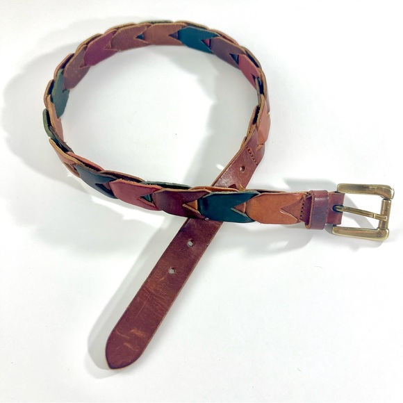 FOSSIL Leather Belt Multi Color Chain Braid Brown Black BRASS BUCKLE Woman SMALL - Picture 4 of 6